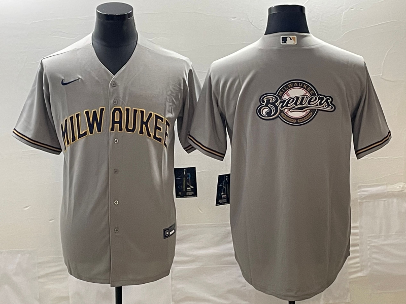 Men's Milwaukee Brewers Gray Team Big Logo Cool Base Stitched Jersey - Click Image to Close